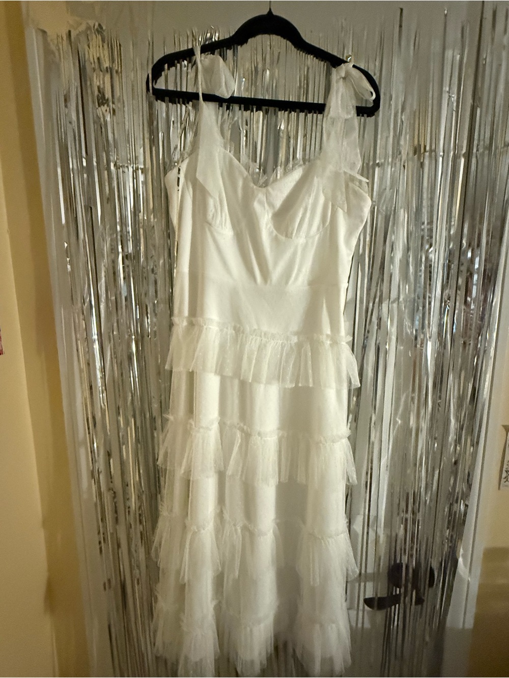 Lulu's White Tiered Tulle Midi Dress with Tie Straps